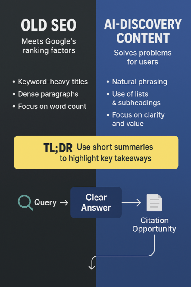Infographic comparing Old SEO to AI-Discovery Content with a flowchart showing how user queries lead to clear answers and citation opportunities in AI tools